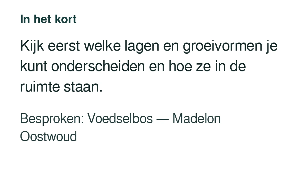 Kijk eerst welke lagen en groeivormen je kunt onderscheiden en hoe ze in de ruimte staan. Besproken: Voedselbos — Madelon Oostwoud.